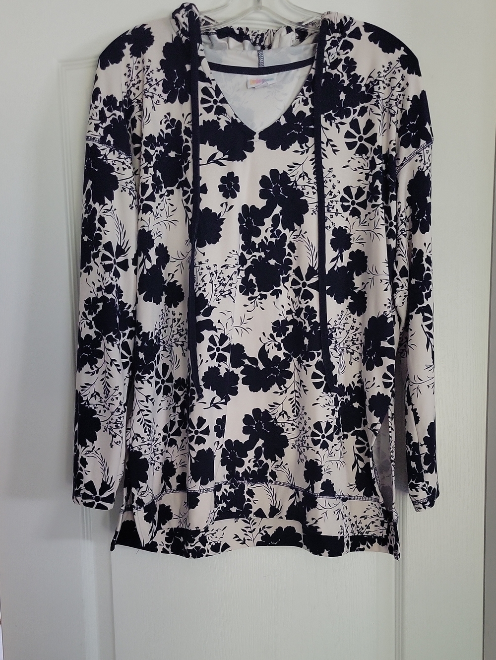 LuLaRoe Black Floral V-Neck Hoodie on Cream